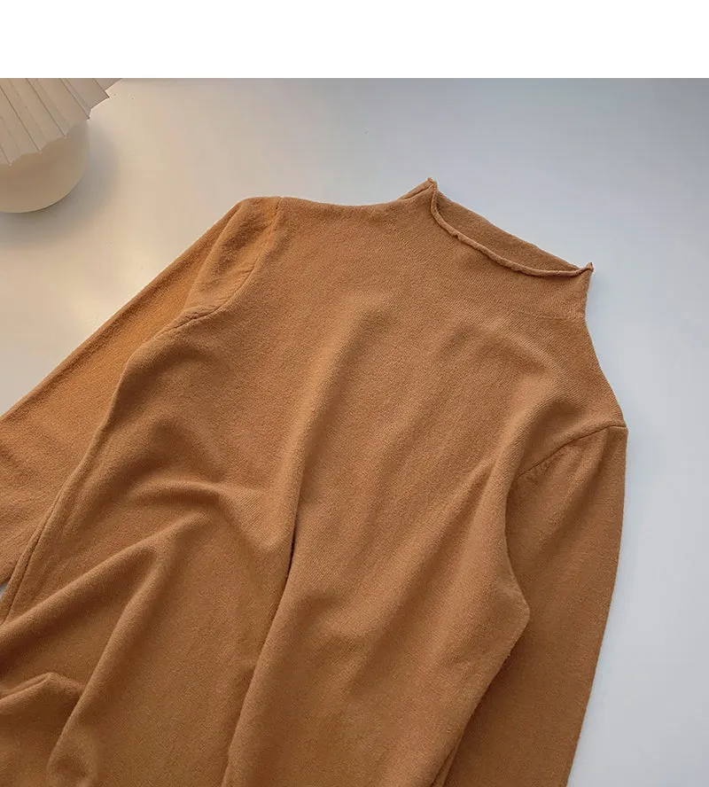 Commuter solid color Pullover half high neck long sleeve Knitted Top  6651