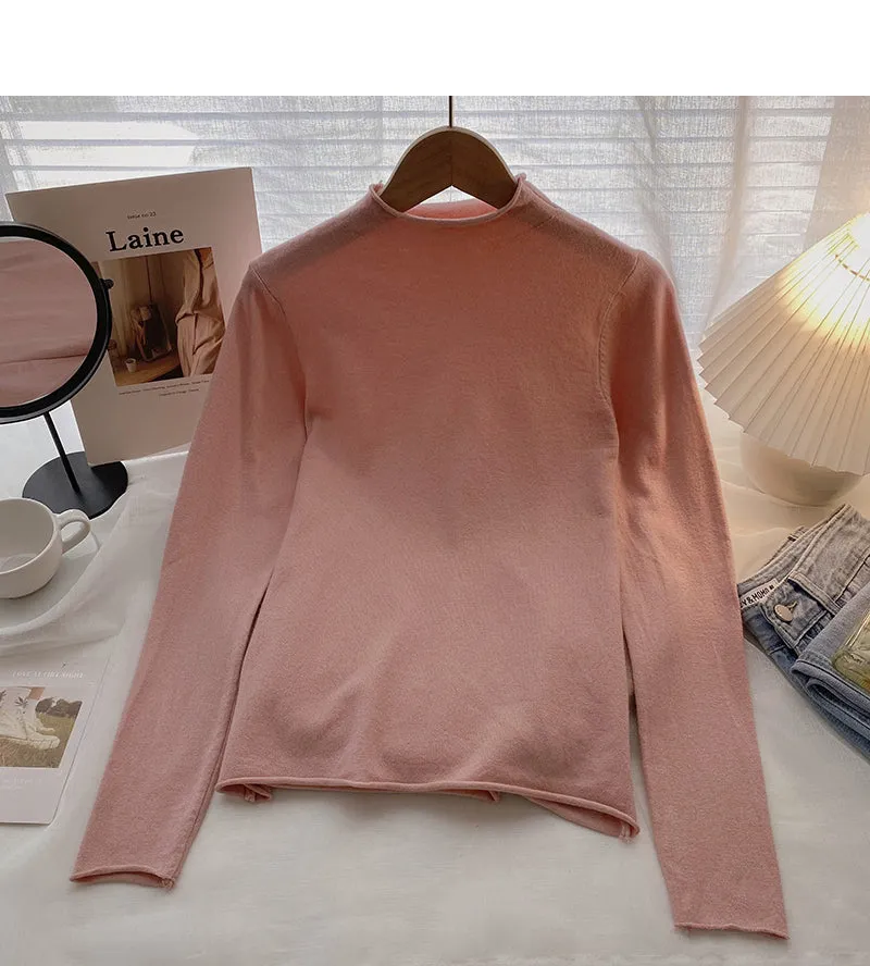 Commuter solid color Pullover half high neck long sleeve Knitted Top  6651