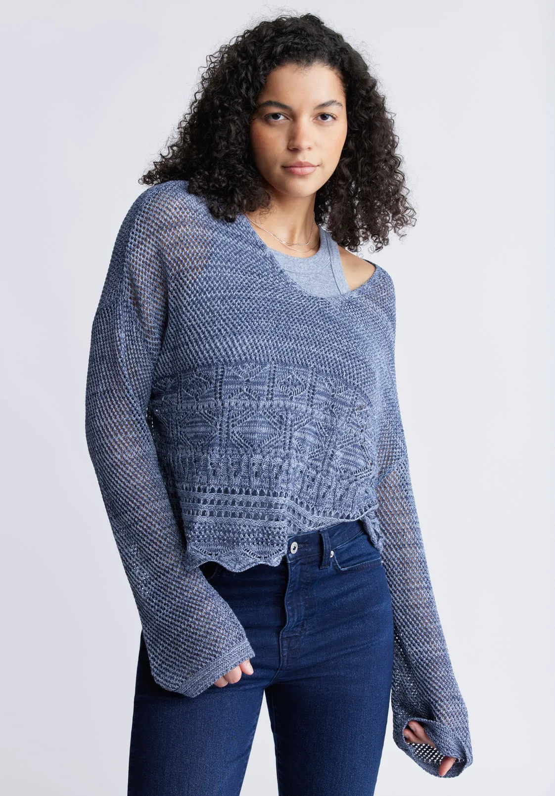 Cornelia Women's Crochet Cropped Sweater, Denim Blue - SW0056S