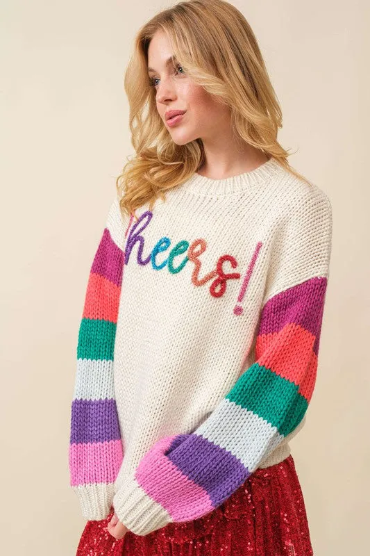 Cream/Multi Cheers Sparkle Wording Color Block Sweater