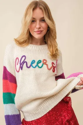 Cream/Multi Cheers Sparkle Wording Color Block Sweater