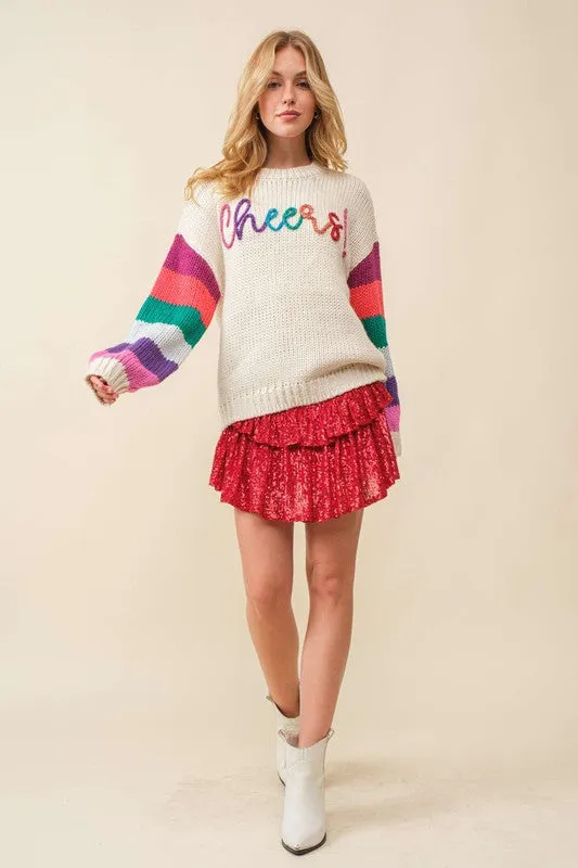 Cream/Multi Cheers Sparkle Wording Color Block Sweater