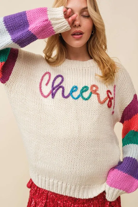 Cream/Multi Cheers Sparkle Wording Color Block Sweater