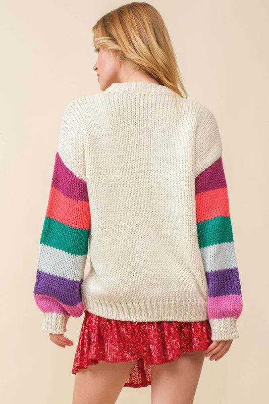 Cream/Multi Cheers Sparkle Wording Color Block Sweater