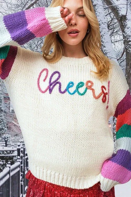 Cream/Multi Cheers Sparkle Wording Color Block Sweater