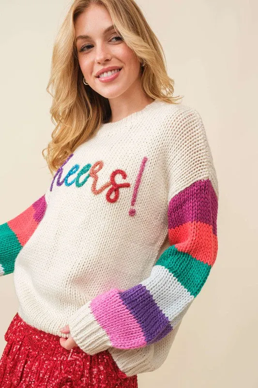 Cream/Multi Cheers Sparkle Wording Color Block Sweater