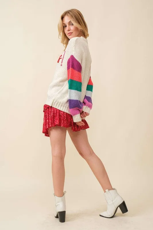 Cream/Multi Cheers Sparkle Wording Color Block Sweater