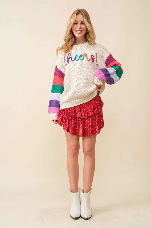 Cream/Multi Cheers Sparkle Wording Color Block Sweater