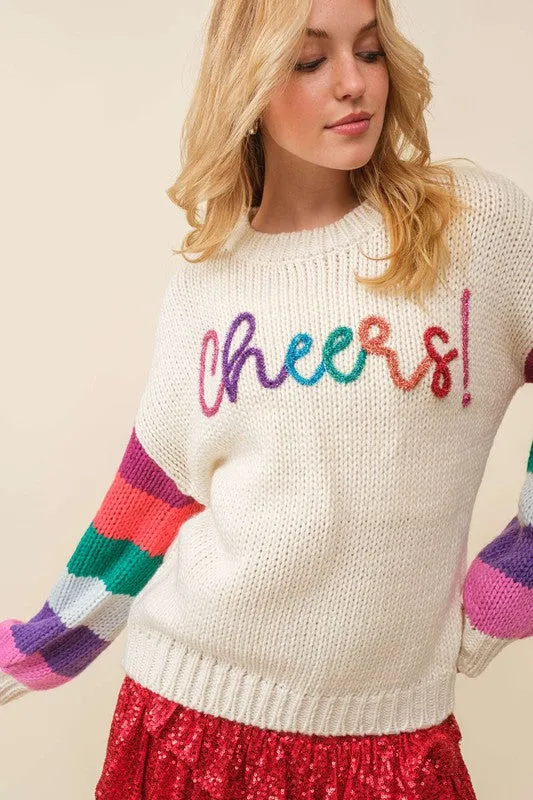 Cream/Multi Cheers Sparkle Wording Color Block Sweater