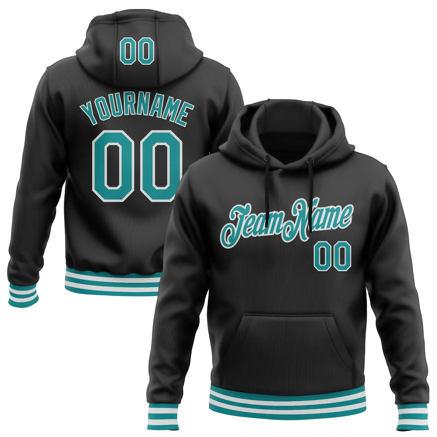 Custom Stitched Black Teal-White Sports Pullover Sweatshirt Hoodie