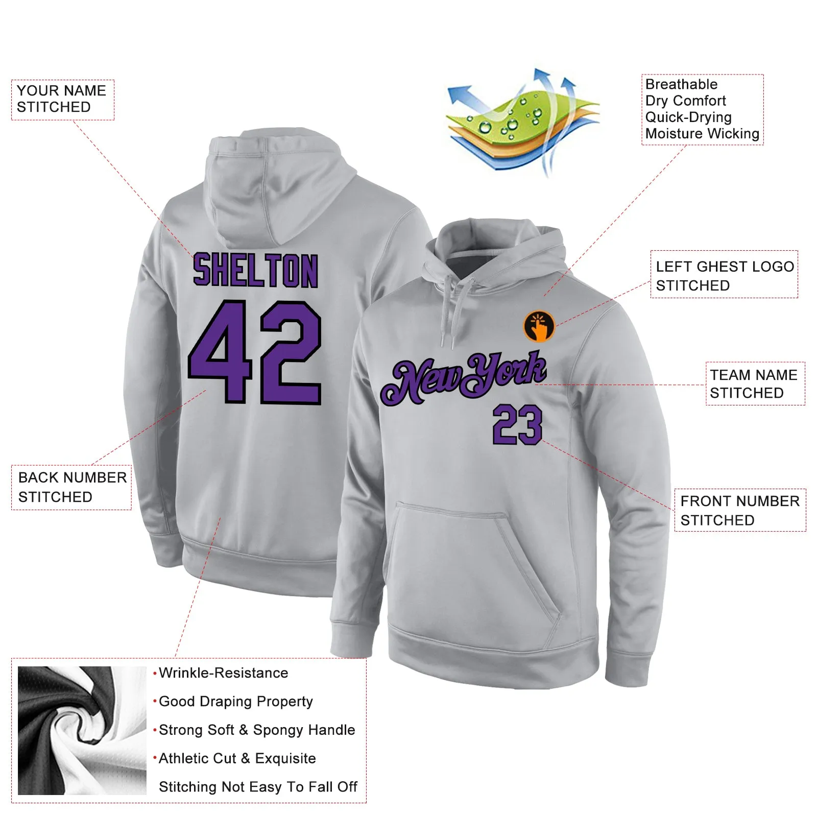 Custom Stitched Gray Purple-Black Sports Pullover Sweatshirt Hoodie