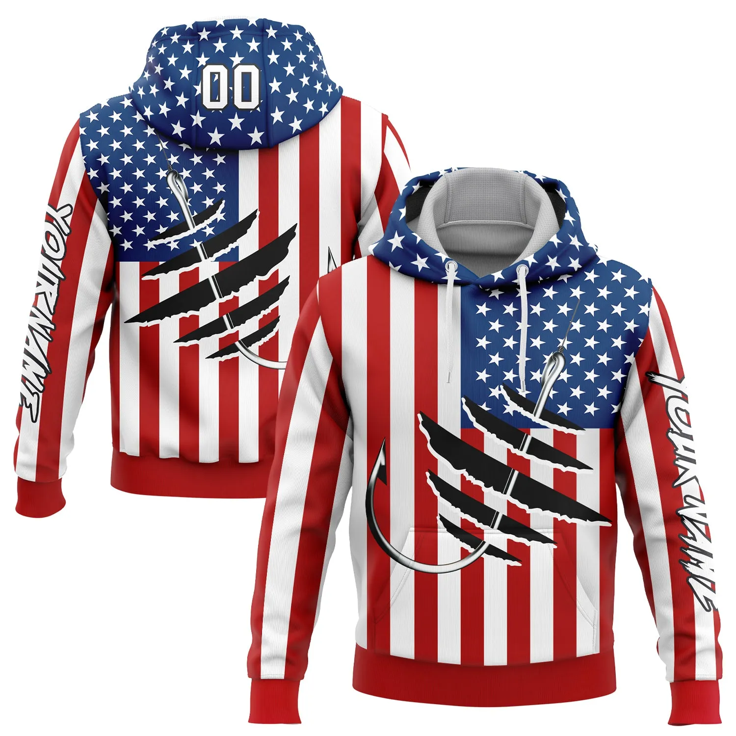 Custom Stitched Red US Navy Blue-Black 3D American Flag And Fish Hook Fishing Sports Pullover Sweatshirt Hoodie