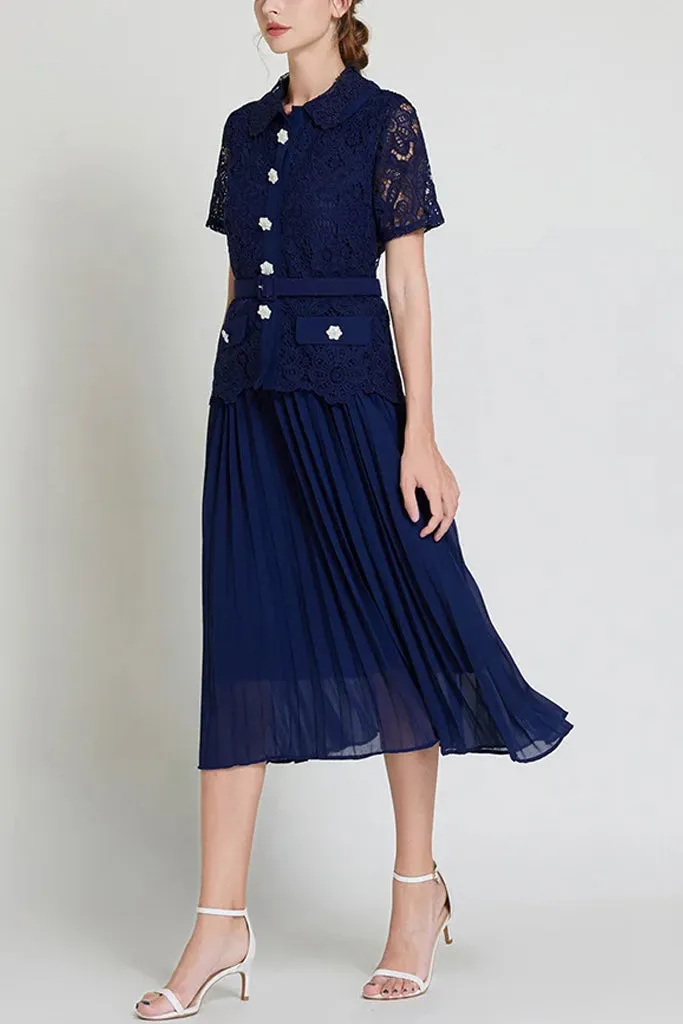 Daleyza Blue Pleated Lace Dress