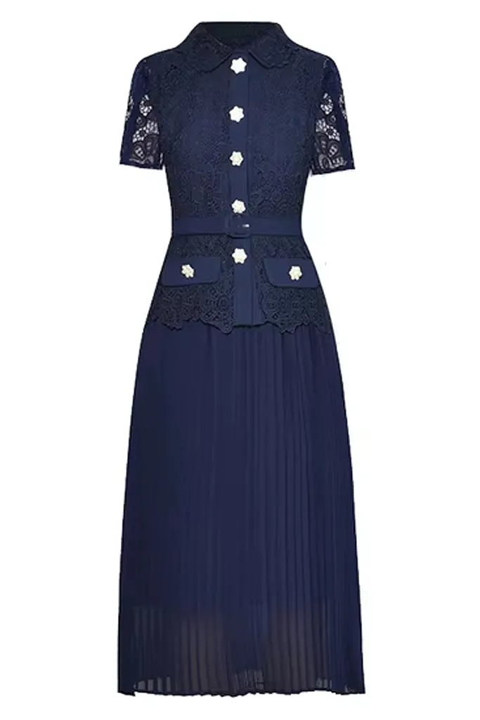 Daleyza Blue Pleated Lace Dress