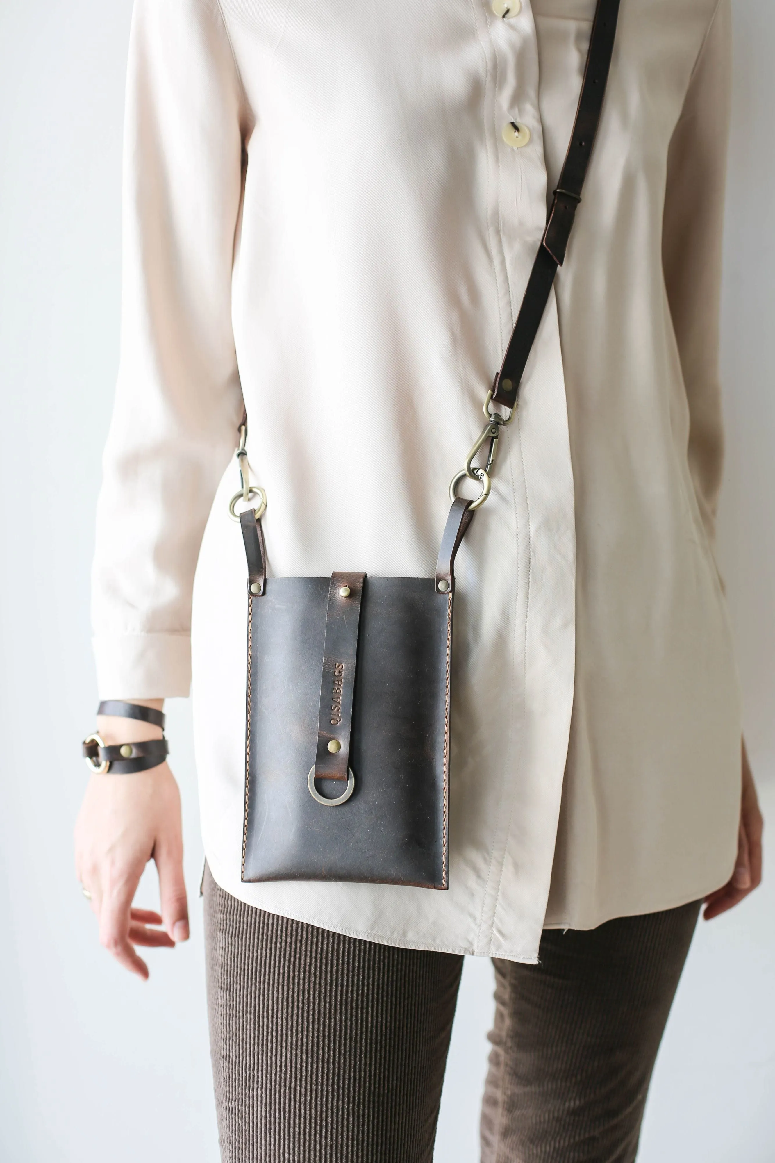 Dark Brown Leather Phone Bag