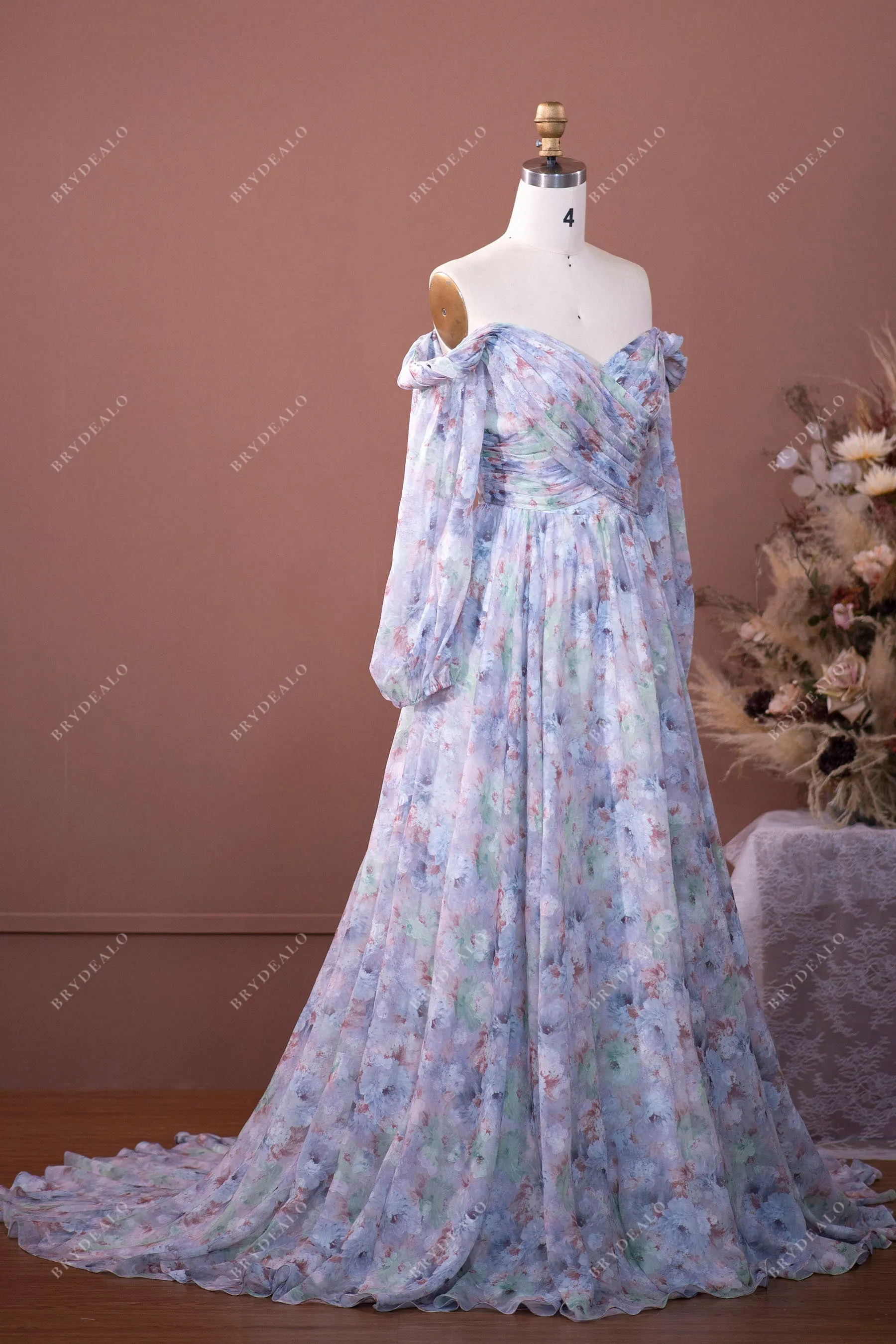 Designer Floral Chiffon Off Shoulder Sleeved Formal Summer Bridal Dress