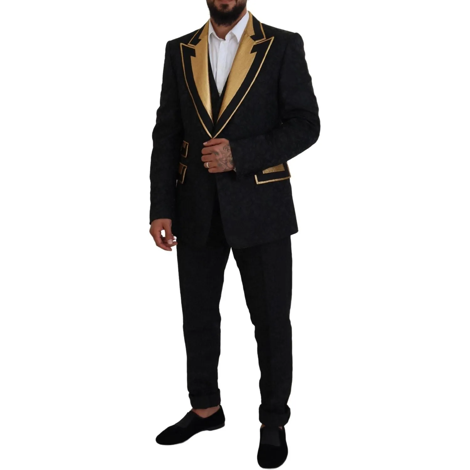 Dolce & Gabbana Elegant Black & Gold Slim Fit 3 Piece Suit