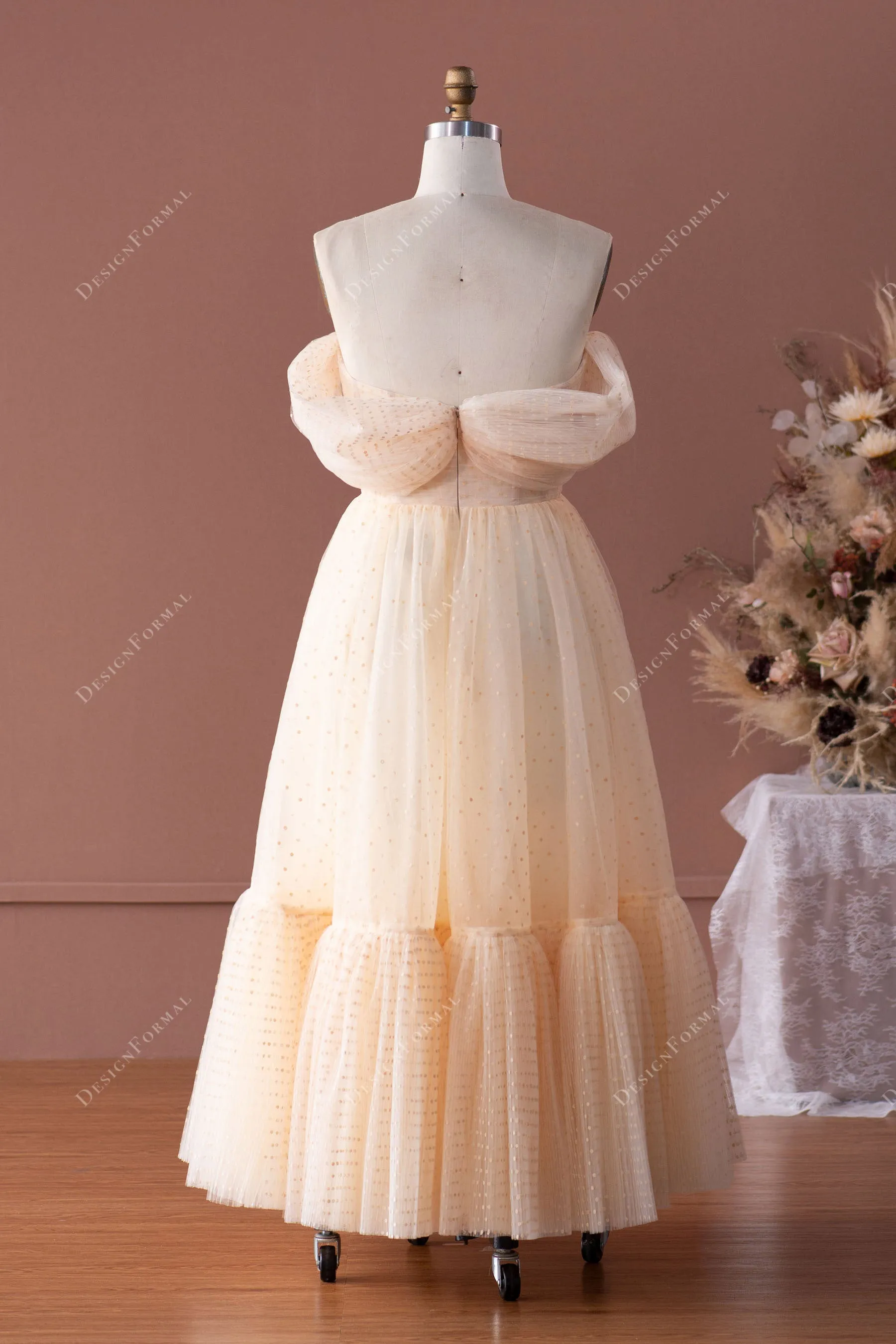 Dot Tulle Off Shoulder Tea Length fairy Formal Dress