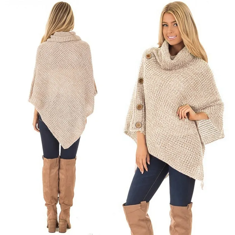 Elegant Knitted Turtleneck Cloak Sweater