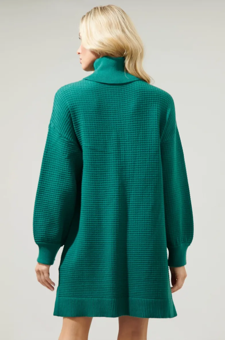 Emerald Waffle Knit Turtleneck Sweater Dress