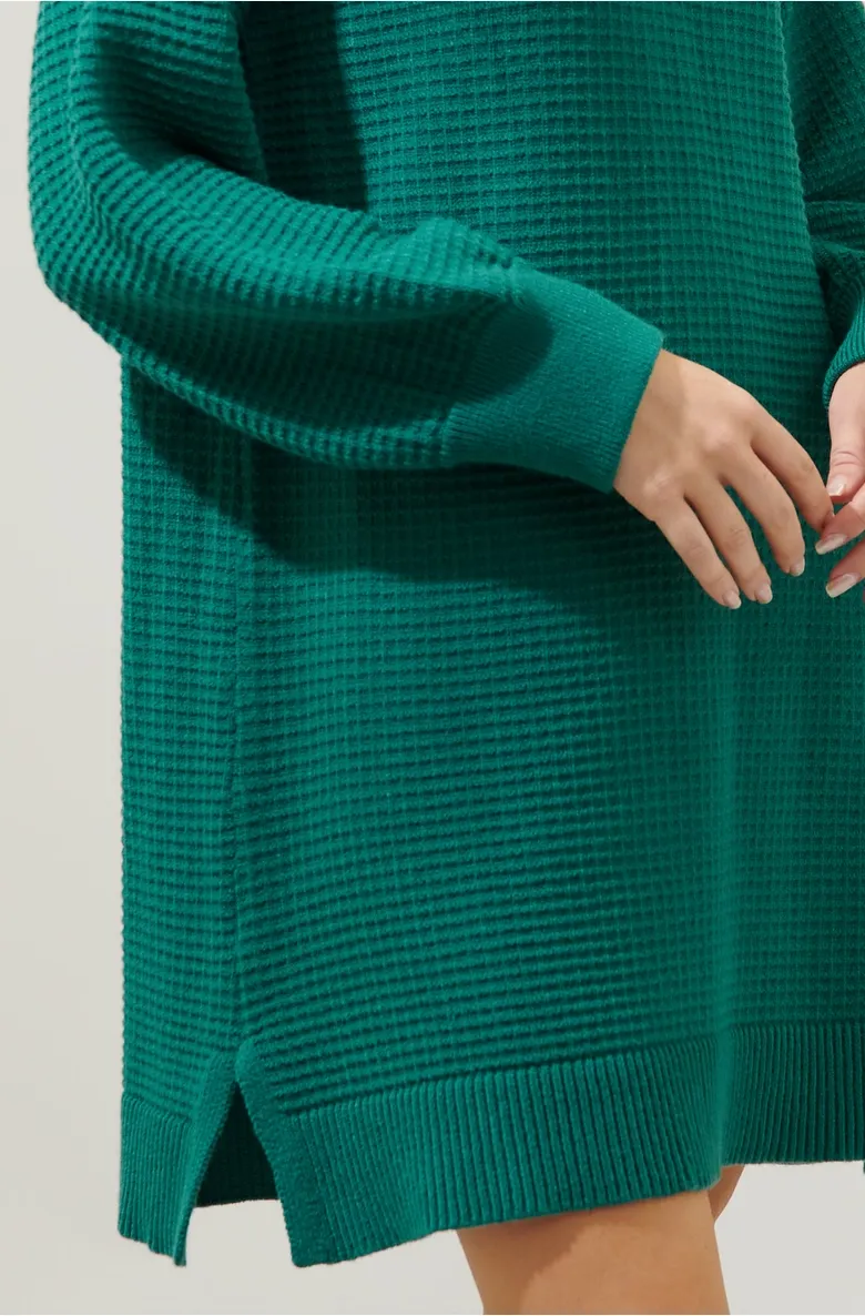 Emerald Waffle Knit Turtleneck Sweater Dress