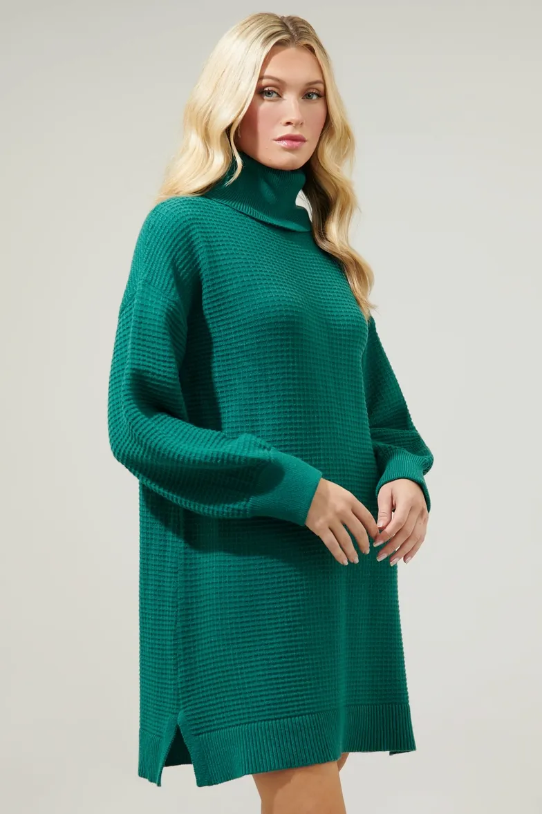 Emerald Waffle Knit Turtleneck Sweater Dress