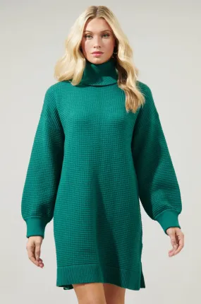 Emerald Waffle Knit Turtleneck Sweater Dress