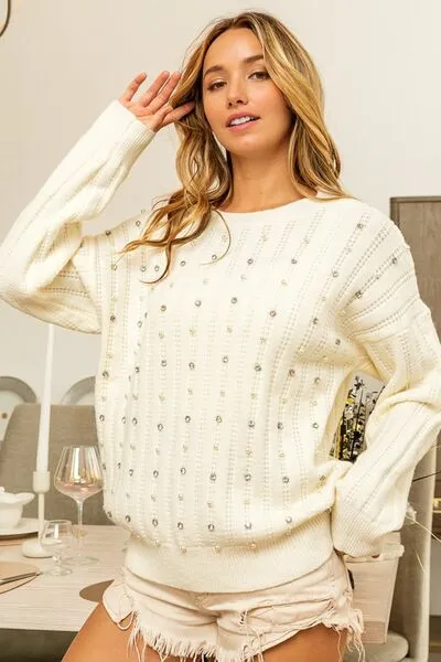 Explore More Collection - BiBi Pearl & Rhinestone Decor Long Sleeve Sweater