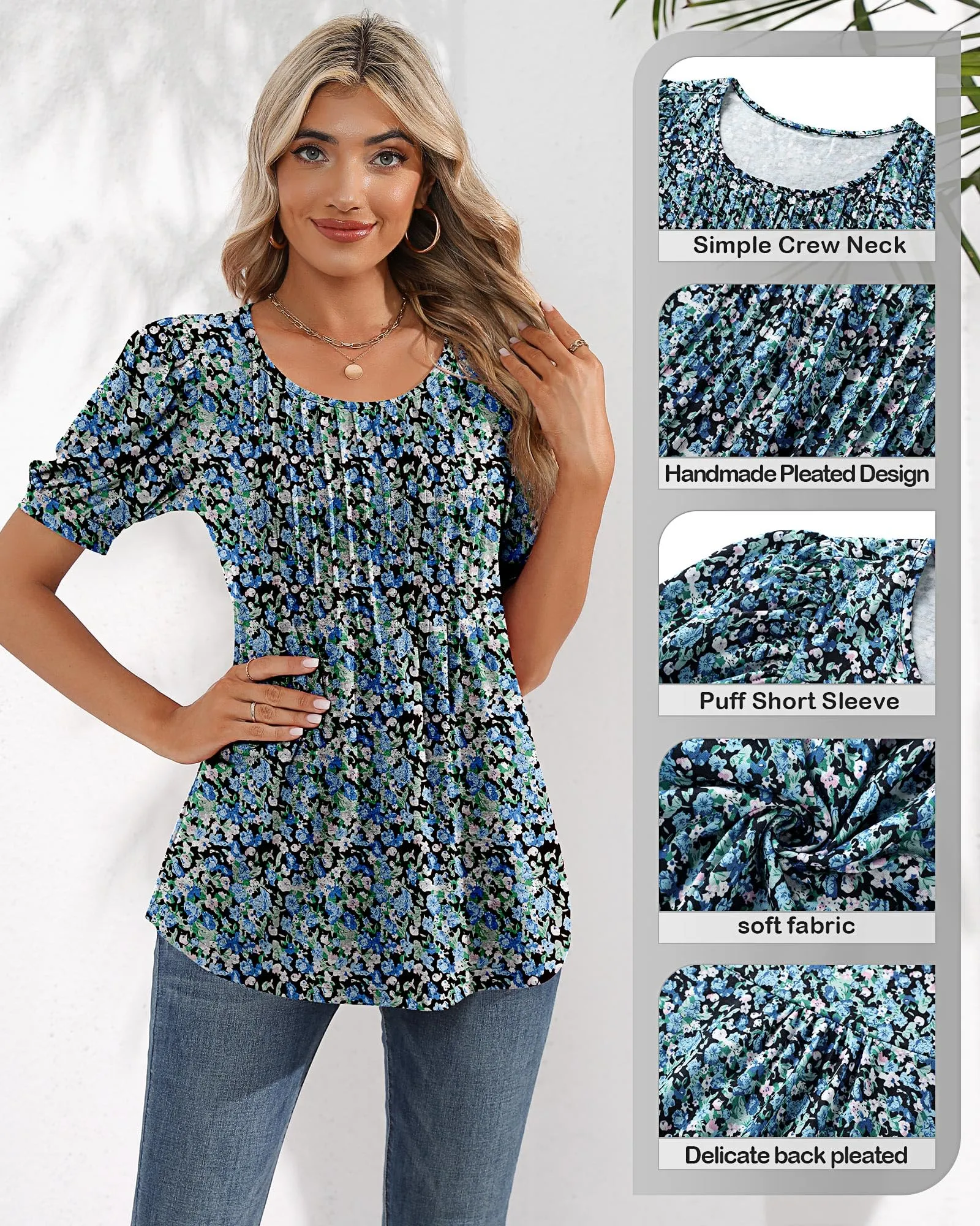 Ficerd Women's Puff Short Sleeve Tunic Tops Pleated Crew Neck Summer Blouses Dressy Casual Loose T Shirts(Blue Flower, XL)