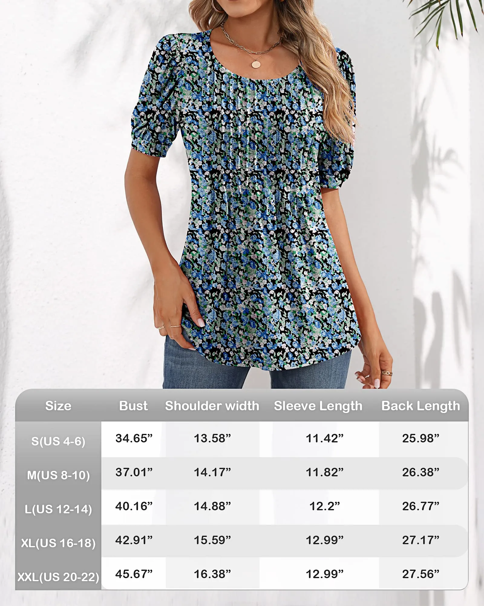 Ficerd Women's Puff Short Sleeve Tunic Tops Pleated Crew Neck Summer Blouses Dressy Casual Loose T Shirts(Blue Flower, XL)