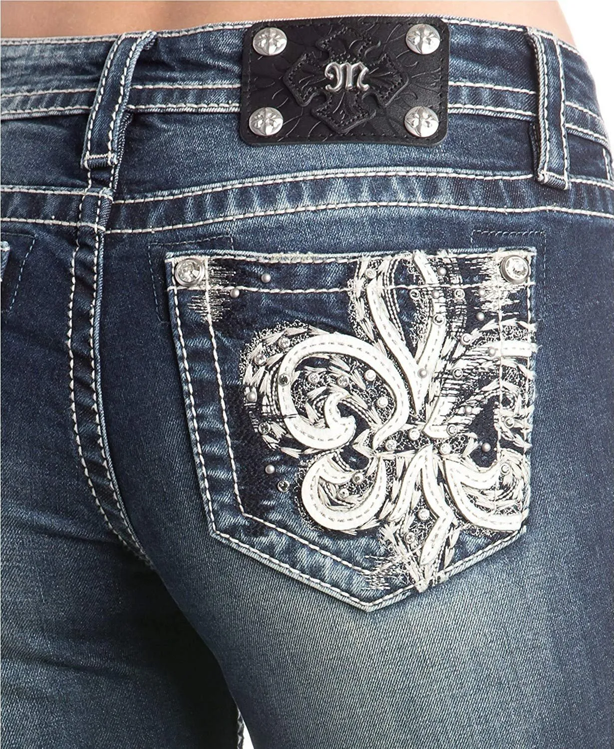 Fleur De Lis Embellished Straight Leg Jeans