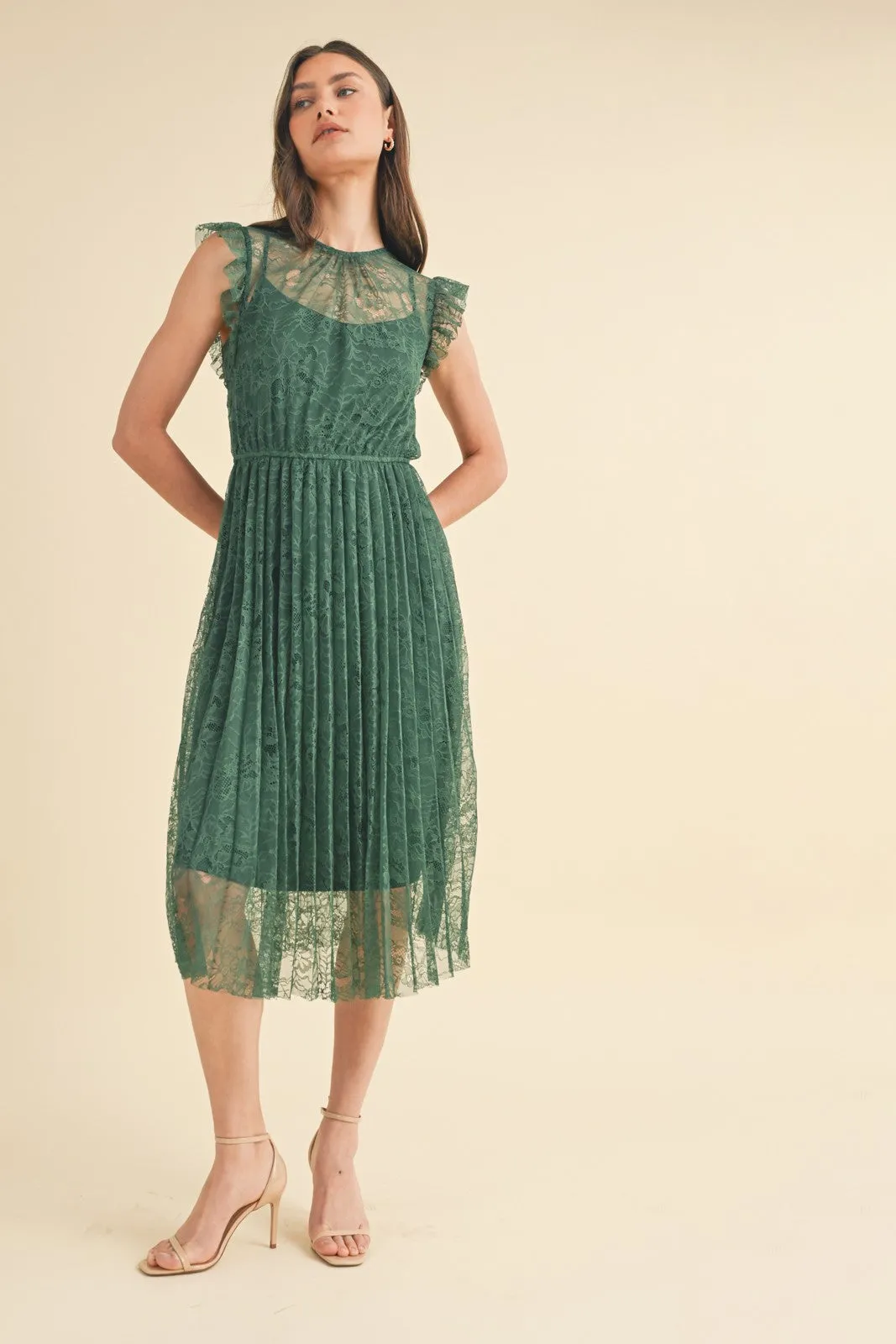 Floral Lace Pleated Midi Dress - Forest