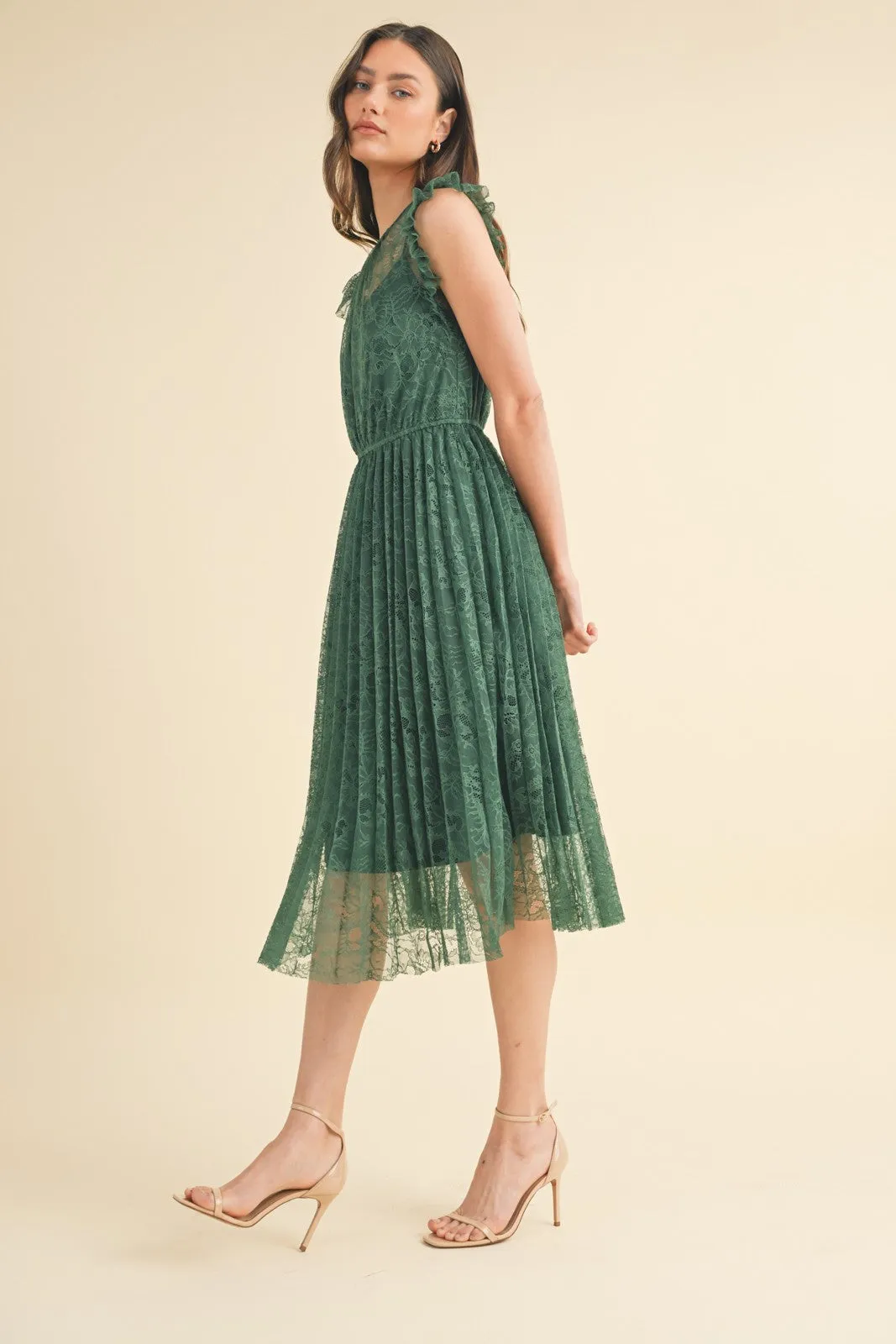 Floral Lace Pleated Midi Dress - Forest