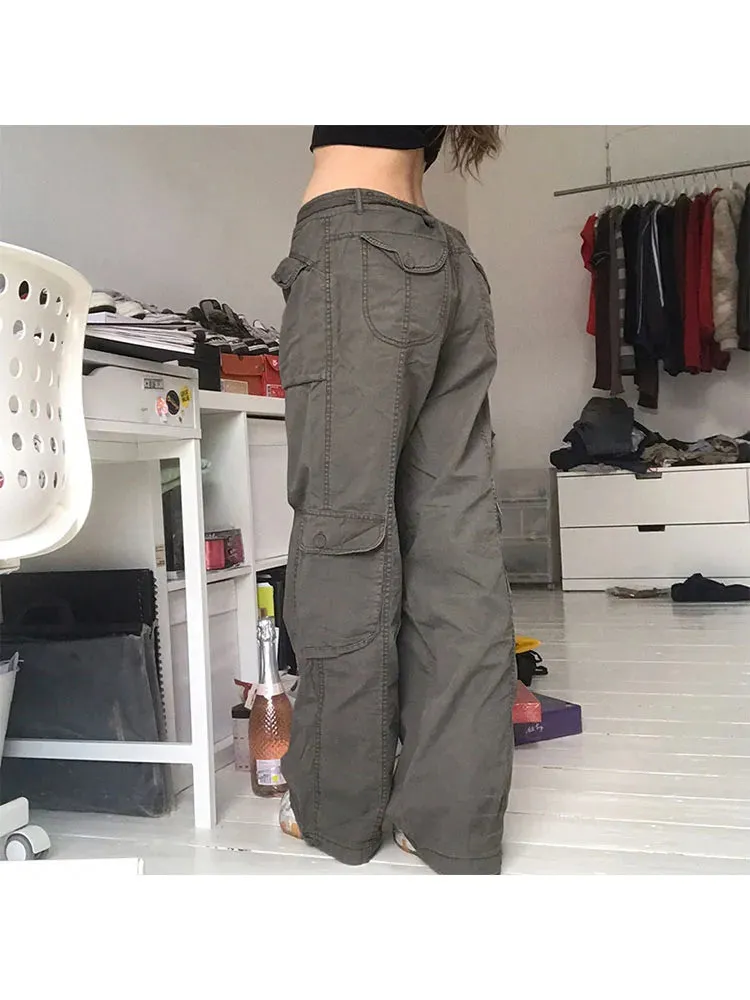 Girlary Woman All-match Jeans Streetwear Denim Vintage Pants Casual Cargo Pants Multiple Pockets Tunic Trousers Low Waist Baggy Ins