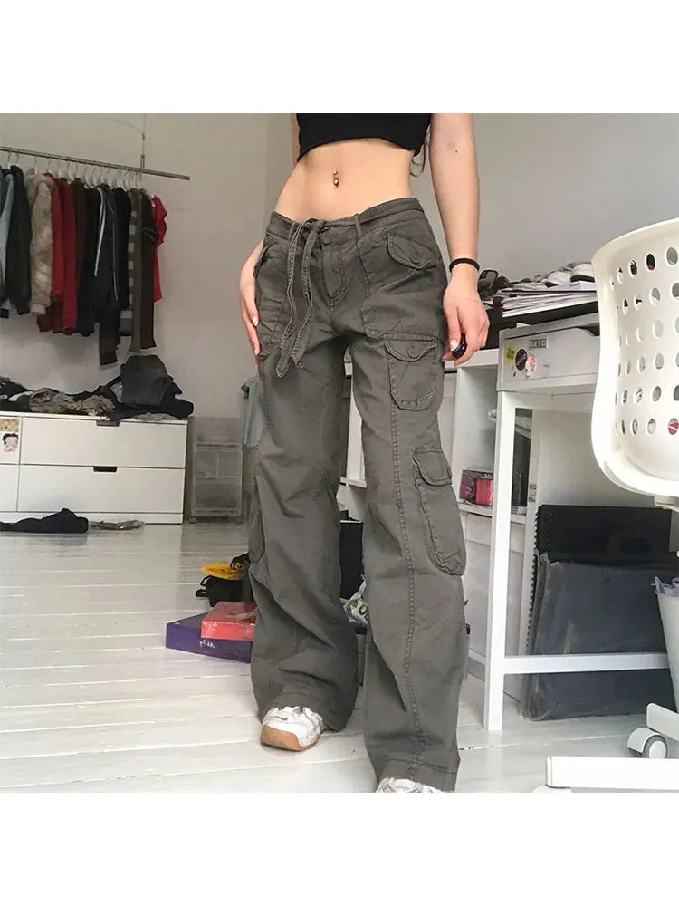 Girlary Woman All-match Jeans Streetwear Denim Vintage Pants Casual Cargo Pants Multiple Pockets Tunic Trousers Low Waist Baggy Ins