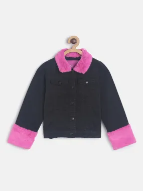 Girls Regular Black Denim Jacket With Faux Fur