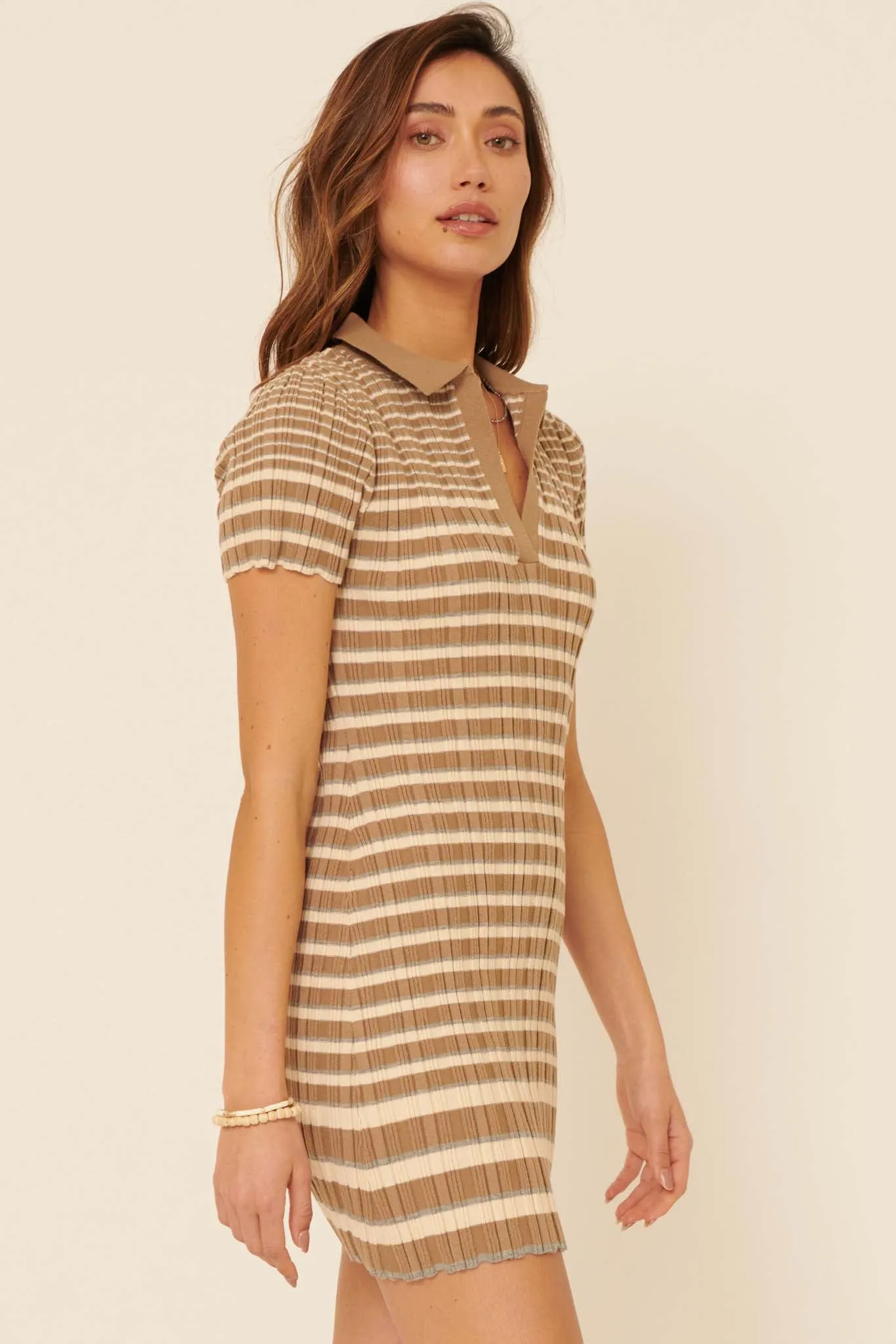 Good Sport Striped Rib-Knit Polo Mini Dress