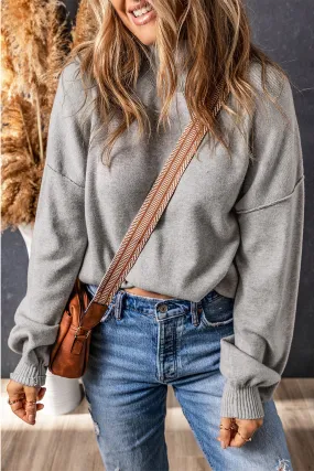 Gray Turtleneck Drop Shoulder Bubble Sleeve Knit Sweater