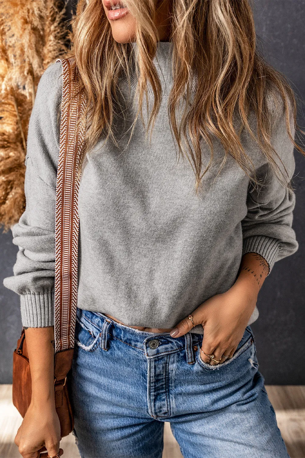 Gray Turtleneck Drop Shoulder Bubble Sleeve Knit Sweater