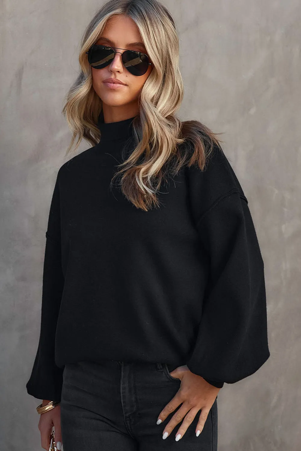 Gray Turtleneck Drop Shoulder Bubble Sleeve Knit Sweater