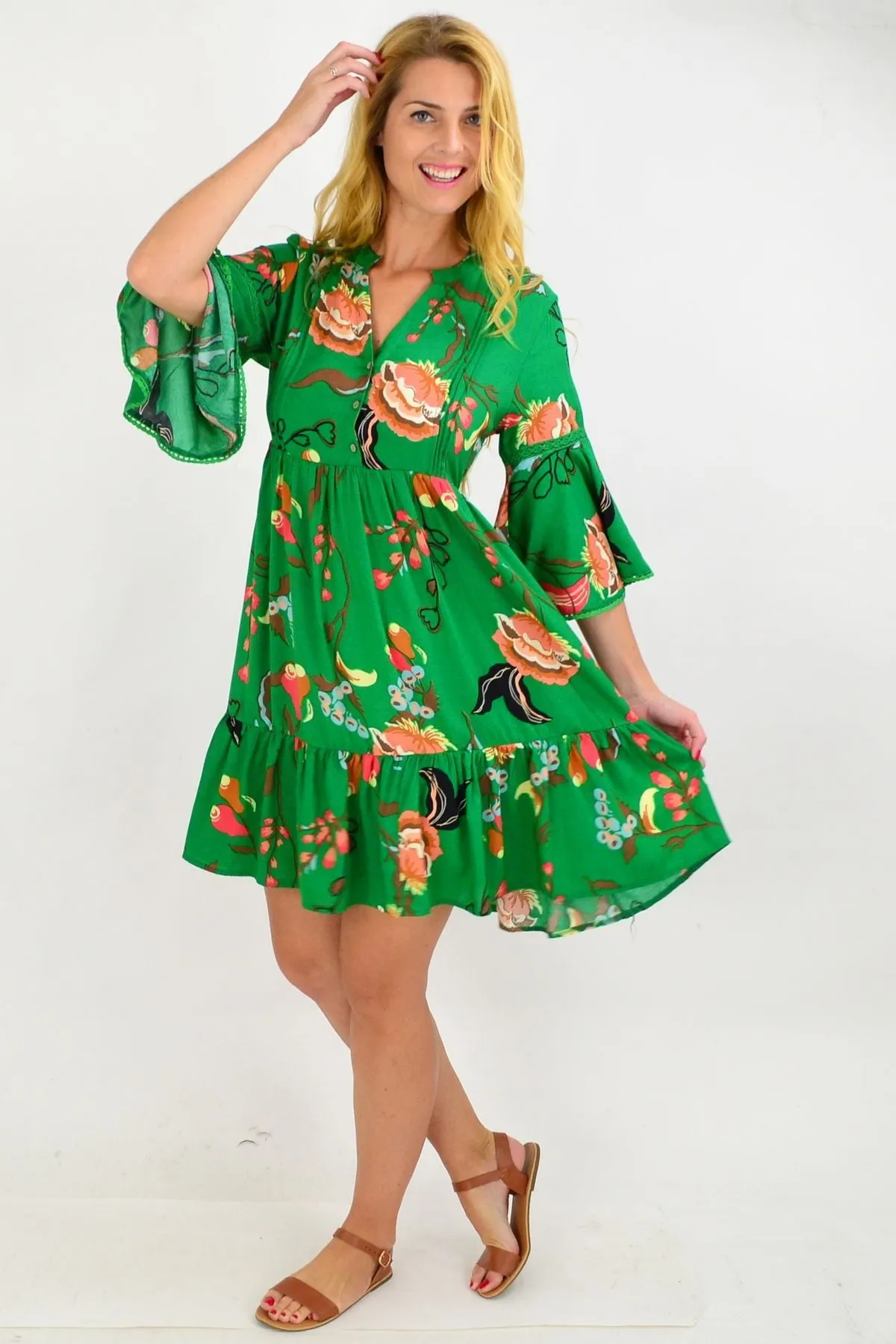 Green Betty Bell Sleeve Tunic Dress