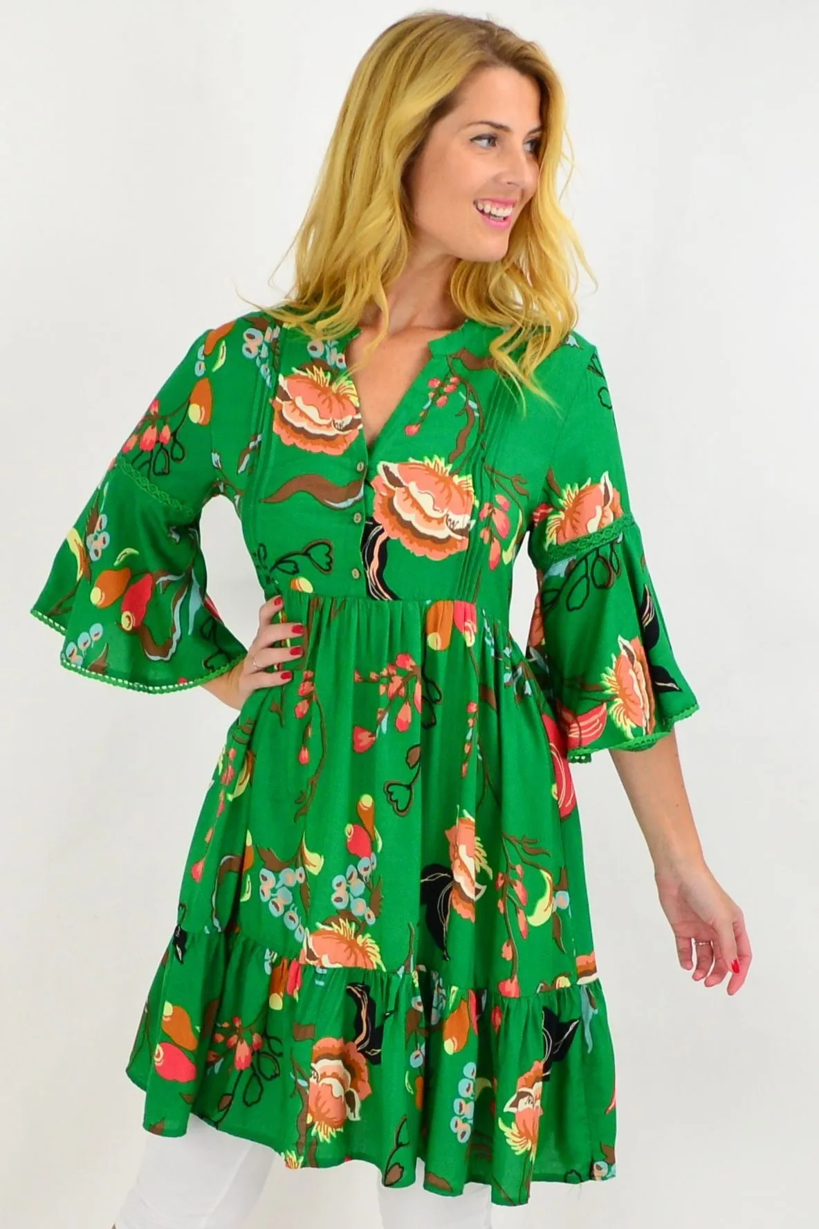 Green Betty Bell Sleeve Tunic Dress