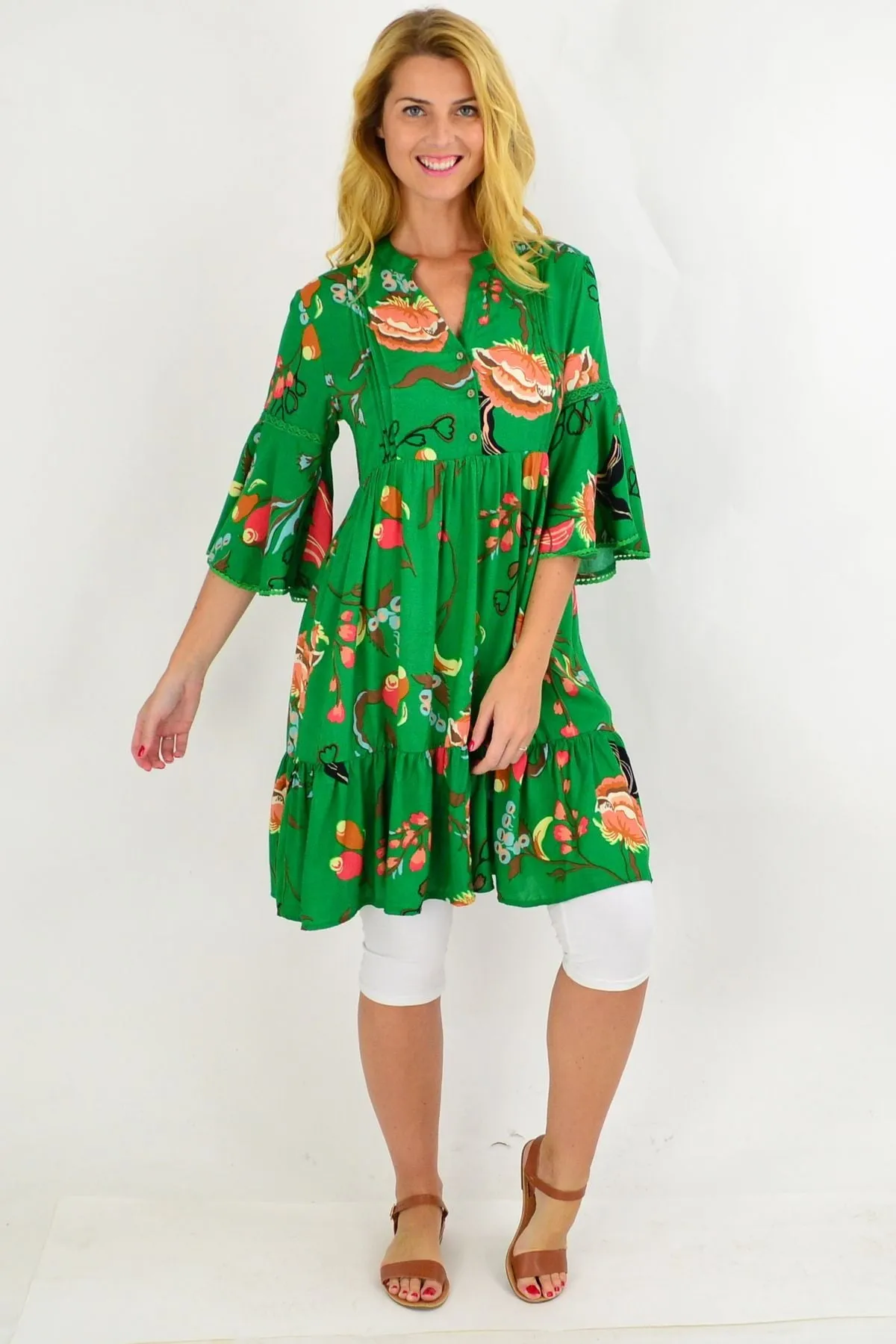 Green Betty Bell Sleeve Tunic Dress