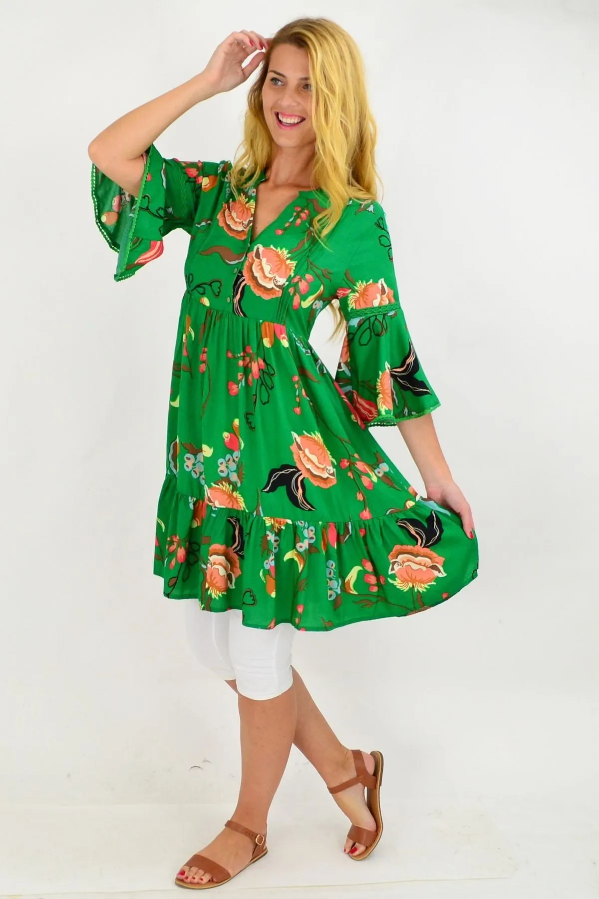 Green Betty Bell Sleeve Tunic Dress