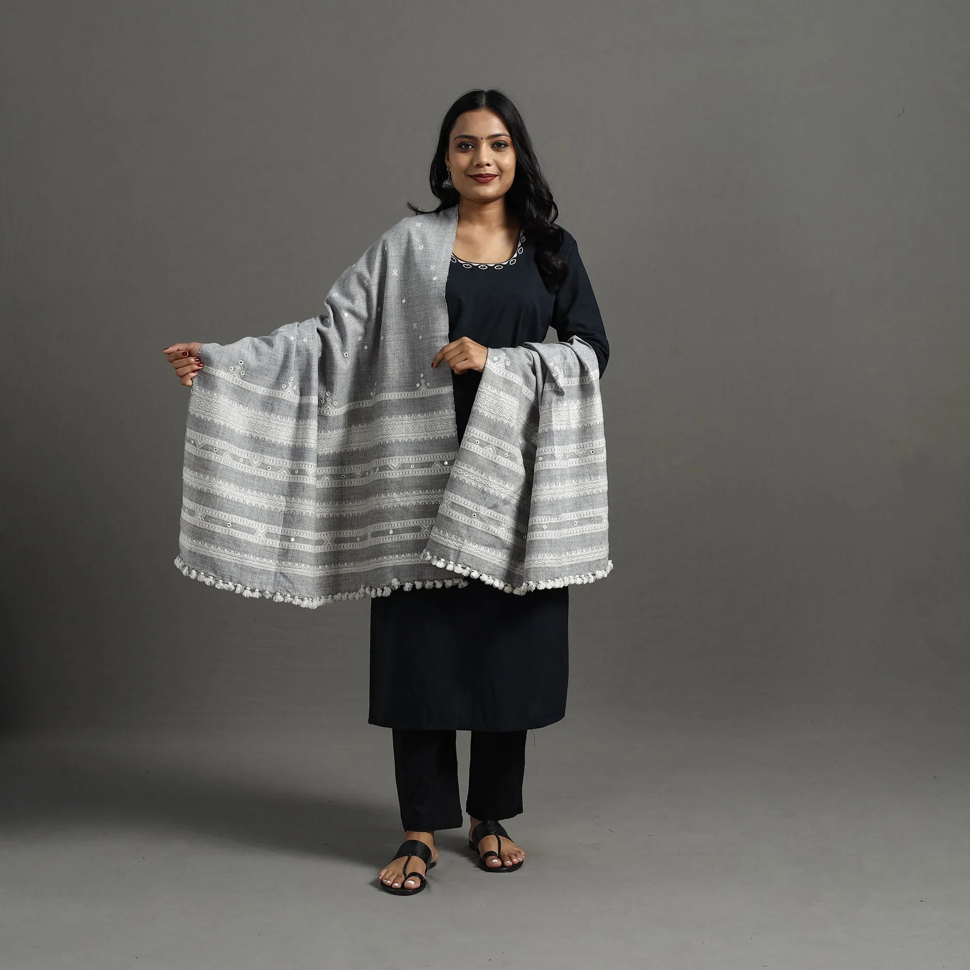 Grey - Kutch Handwoven Mirror Work Woollen Shawl 83