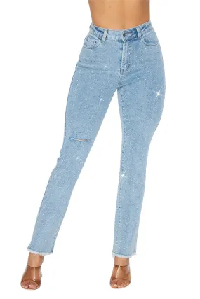 Hot & Delicious Women's Sparks Rhinestone Distressed High Rise Denim Pants