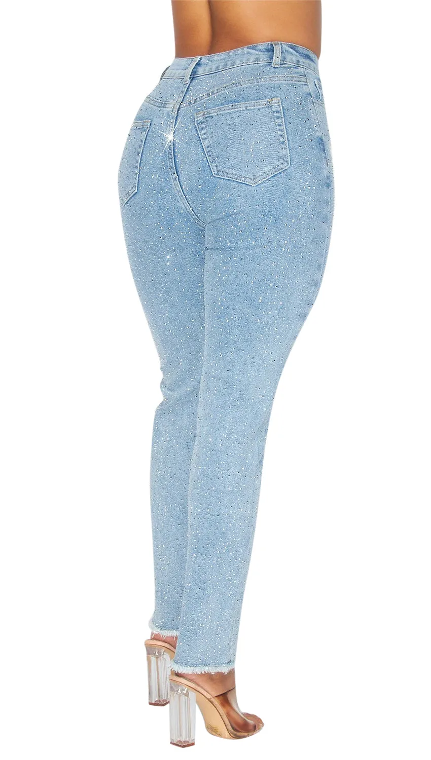 Hot & Delicious Women's Sparks Rhinestone Distressed High Rise Denim Pants