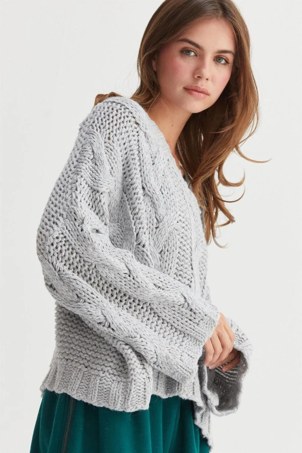 HYFVE Cable Knit Gray Sweater Usa Stock V-Neck Oversized Long Sleeve Pullover