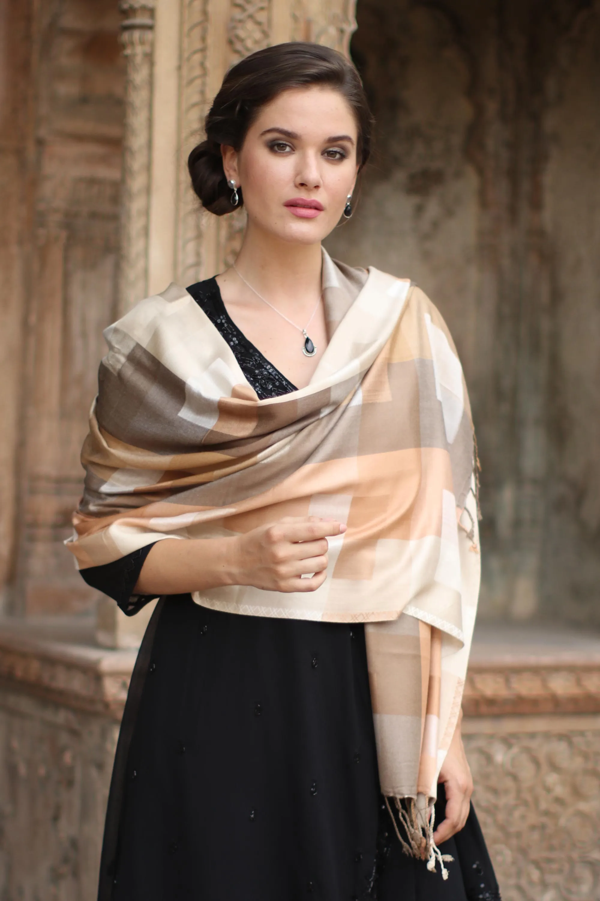 Indian Viscose Shawl with Geometric Pattern - Earthy Story | NOVICA