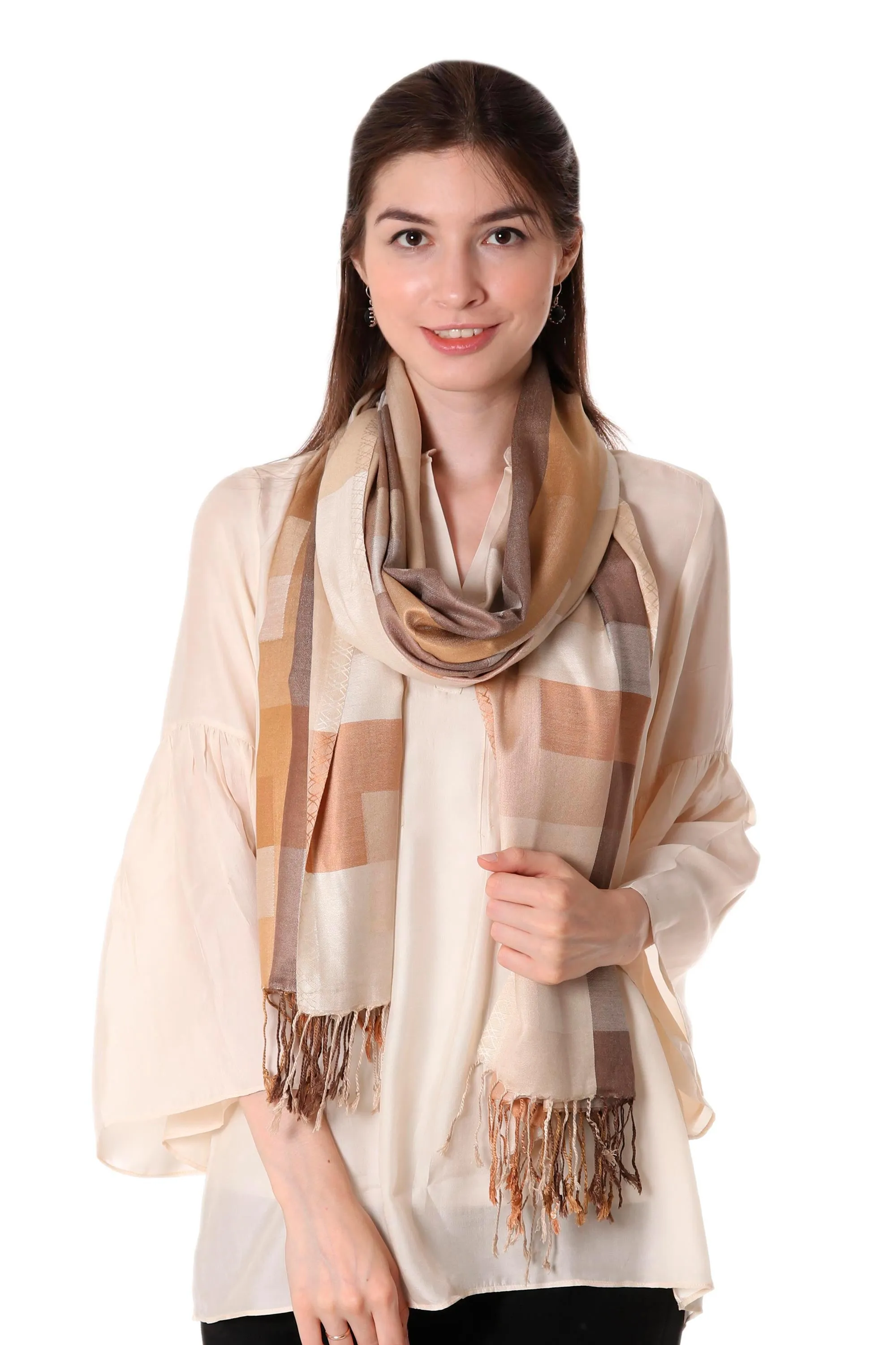 Indian Viscose Shawl with Geometric Pattern - Earthy Story | NOVICA